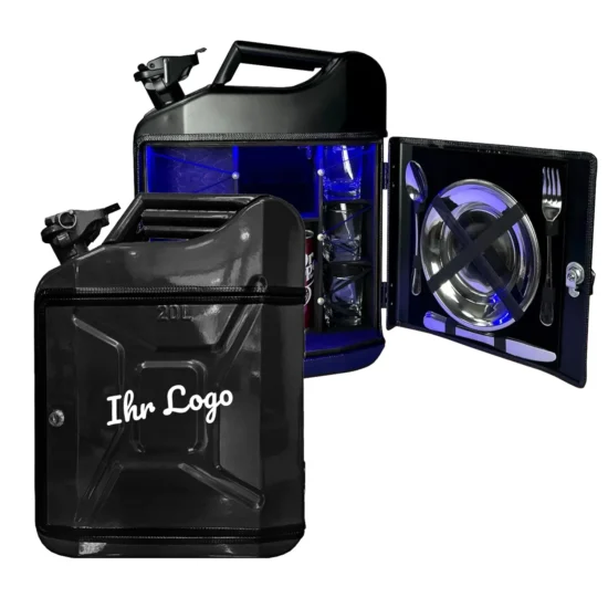 Kanisterbar 20 L mit Ihrem Logo Klassische Tür - Schwarz Glanz