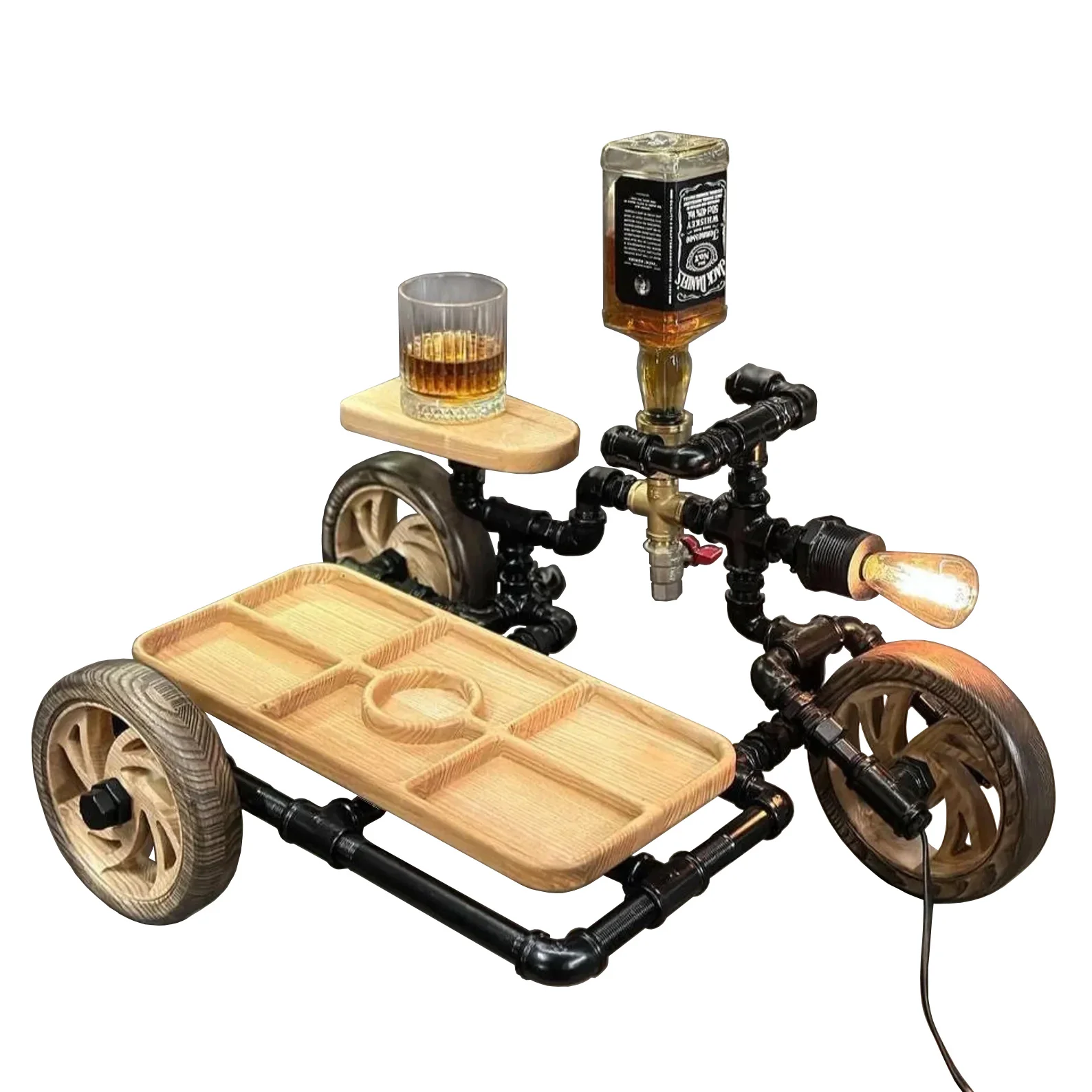 Whisky Spender in Fahrradform mit einer Snackschale