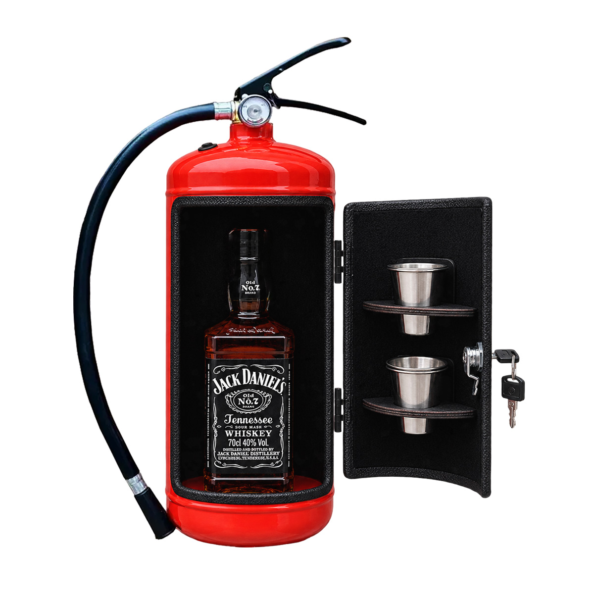 Feuerloescher Bar mit Schnapsglaesern